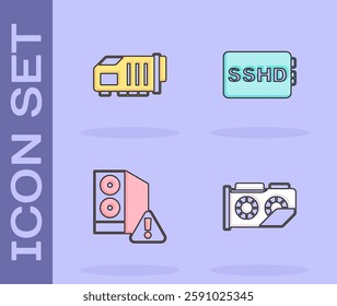 Set Video graphic card, , Case of computer and SSHD icon. Vector