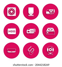 Set Video graphic card, Computer mouse, Web camera, cooler, Laptop, Hard disk drive HDD,  and  icon. Vector