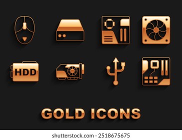 Set Video graphic card, Computer cooler, Motherboard digital chip, USB, Hard disk drive HDD, mouse and Server, Data, Web Hosting icon. Vector