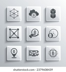 Set Video graphic card, CPU mining farm, Bitcoin with clock, Hand holding, Blockchain technology,  and  icon. Vector