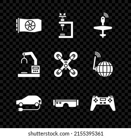 Set Video Graphic Card, Microscope, UAV Drone, Electric, Smart Glasses, Gamepad, Robotic Robot Arm Hand Factory And Flying Icon. Vector