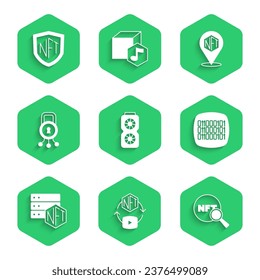 Set Video graphic card, NFT Digital crypto art, Search, Binary code, blockchain technology, Cyber security,  and shield icon. Vector