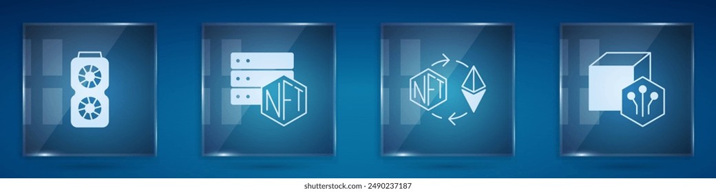 Set Video graphic card, NFT blockchain technology, Ethereum exchange and Digital crypto art. Square glass panels. Vector