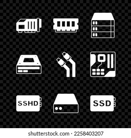 Set Video graphic card, RAM, random access memory, Server, Data, Web Hosting, SSHD, SSD, Optical disc drive and LAN cable network internet icon. Vector