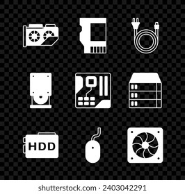 Establezca la tarjeta gráfica de vídeo, SD, enchufe eléctrico, disco duro duro, ratón de ordenador, refrigerador, disco óptico y icono de chip digital de motherboard. Vector