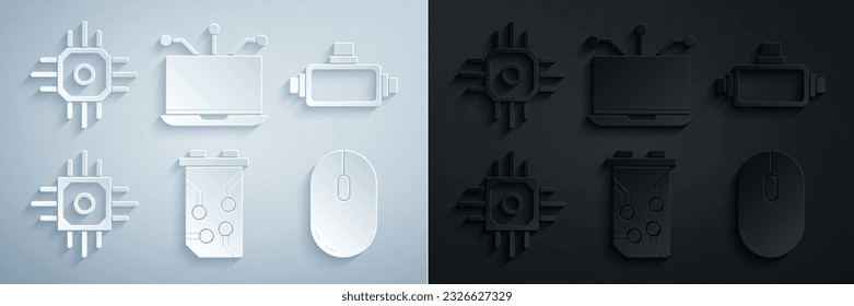 Establecer tarjeta gráfica de vídeo, gafas de realidad virtual, procesador, ratón de ordenador, portátil e icono. Vector