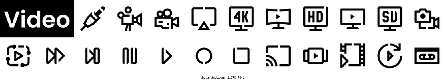 Set of video Icons. Black flat icon collection isolated on white Background