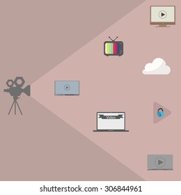 Set the video icons, player, laptop. online video broadcast