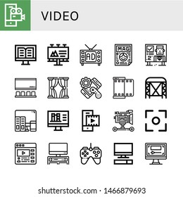 Set of video icons such as Video camera, Computer, Billboard, Television, Magazine, Cinema, Theatre, Controller, Film, Stage, Learning, Online library, Video player, Film camera ,