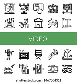 Set of video icons such as Director, Cctv, Billboard, Actor, Elearning, Ticket office, Gimbal, Controller, Film camera, Film, Bollywood, Brickwall, Television, Directors chair , video