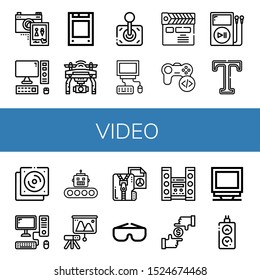 Set of video icons. Such as Wedding photo, Computer, Solid state drive, Drone, Joystick, Clapperboard, Game, Mp player, Type, Cd, Production, Projector, Compressed file , video icons