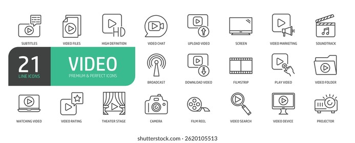 Set Of Video Line Icons. Contains such icons as Subtitles, Video Chat, Filmstrip, Video Rating, Teater Stage, Film Reel, Camera, Projector, and more.