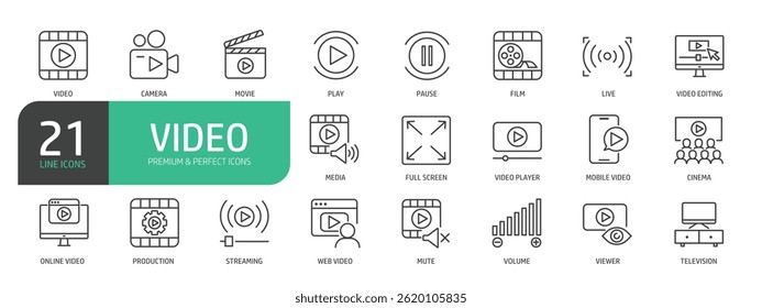 Set Of Video Line Icons. Contains such icons as Cinema, Screen, Streaming, Play, movie, Pause, Live, Production, and more.