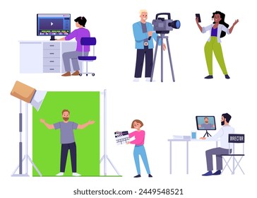 Set of video maker people flat style, vector illustration isolated on white background. Decorative design elements collection, director, cameraman, editor and speaker