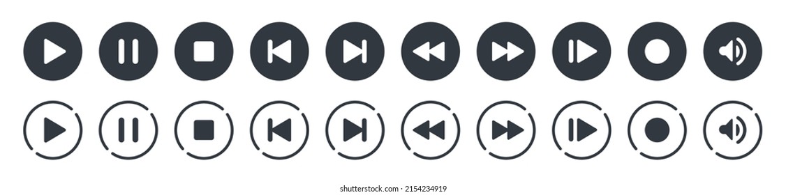 Set of video media player icons vector set. Multimedia music audio control. Media player interface symbols. play, pause, mute sign. isolated on white background. Music and sound icons.