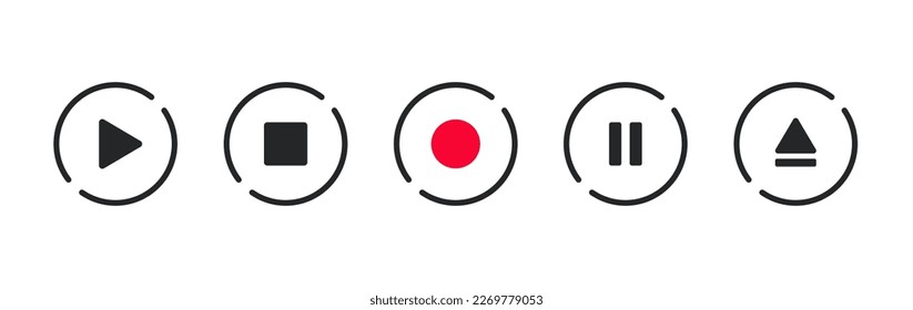 Conjunto de iconos vectoriales del reproductor de vídeo. Control de audio de música multimedia. Símbolos de la interfaz del reproductor de medios. reproducir, pausar, silenciar la señal. aislado de fondo blanco. Iconos de música y sonido.