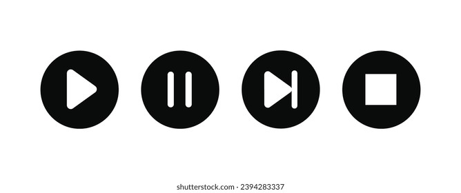 Set of video music media player icons vector set. Multimedia music audio control. Media player interface symbols. play, pause, mute sign. isolated on white background. Music and sound icons.