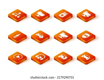 Set Video play button, Headphones and CD or DVD, Bottle of wine, Electric car, Car service and FTP sync refresh icon. Vector