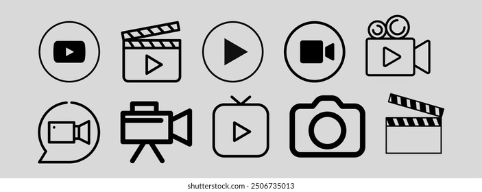 Video Conjunto de iconos de juego e iconos de cámara estilo de Vector de silueta con fondo blanco