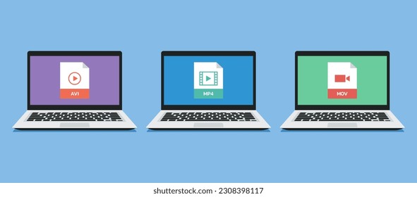 set of video player document file format icon such as MP4, AVI and MOV on laptop screen, flat vector illustration