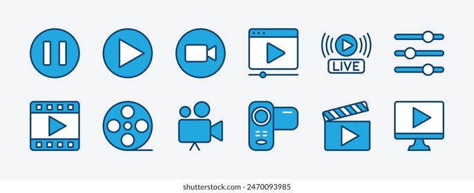 Set of video player icon. Containing play or start button, pause or stop, media, camera, live, cinema, multimedia, film, handycam, clapperboard, movie, streaming or online video. Vector illustration