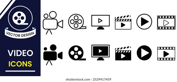 Satz von Video-Player-Symbol, Silhouette. Video-Player-Symbol, Vektorsatz. Vektorsymbole des Media Players festgelegt. Sammlung von Multimediasymbolen. Kamera, Klemmbrett, Film, Filmsymbol.  Vektorgrafik. 