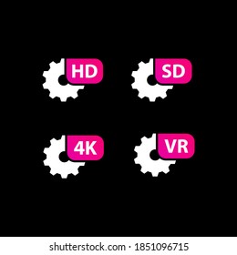 Juego de iconos de configuración de calidad de vídeo. Diseño plano HD, SD, 4K, VR aislado. Vector