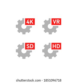 Set of video player quality settings icon. HD, SD, 4K, VR flat design isolated. Vector