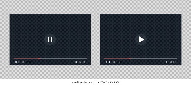 Set of video player screen interface with play and pause buttons isolated on transparent background. Vector flat illustration