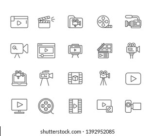 Set of video production Related Vector Line Icons. Includes such Icons as Director, film producer, cartoons, cameraman, clips, camera, video, shooting, screenings, film critics, hollywood - vector