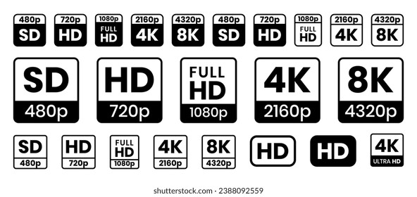 Set Of Video Quality Icons. HD, Full HD, UHD, 4K, 8K, SD Signs.