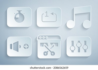 Set Video recorder or editor, Music note, tone, Speaker volume, Sound mixer controller, Repeat track music player and Stopwatch icon. Vector