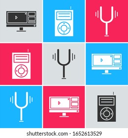 Set Video recorder or editor software on monitor, Music MP3 player and Musical tuning fork icon. Vector