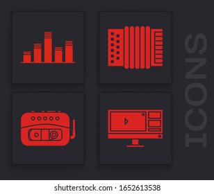 Set Video recorder or editor software on monitor, Music equalizer, Musical instrument accordion and Music tape player icon. Vector