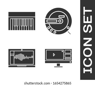 Set Video recorder or editor software on monitor, Music synthesizer, Sound or audio recorder on laptop and Music CD player icon. Vector