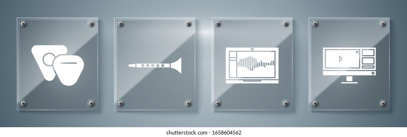 Set Video recorder or editor software on monitor, Sound or audio recorder on laptop, Clarinet and Guitar pick. Square glass panels. Vector