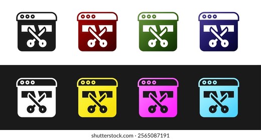 Set Video recorder or editor software on laptop icon isolated on black and white background. Video editing on a laptop.  Vector