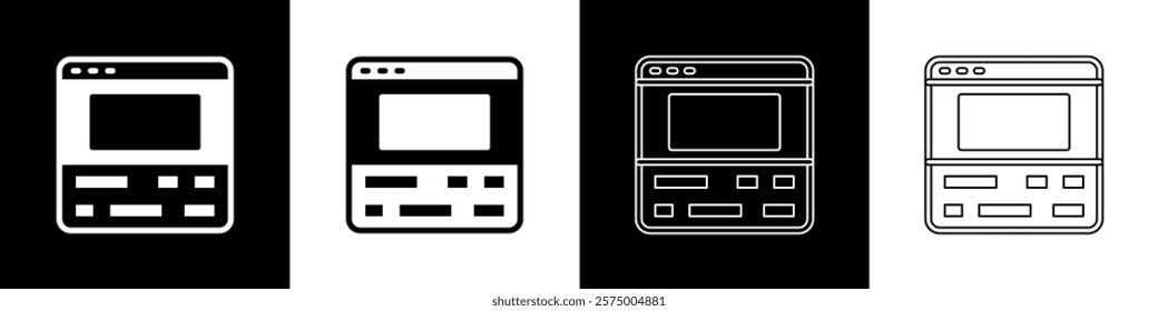 Set Video recorder or editor software on laptop icon isolated on black and white background. Video editing on a laptop.  Vector