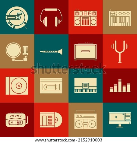 Set Video recorder or editor software on monitor, Music equalizer, Musical tuning fork, DJ remote playing and mixing music, Clarinet, Microphone, CD player and Guitar amplifier icon. Vector