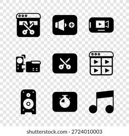 Video Video Conjunto de grabadora o editor, volumen del altavoz, juego en línea, altavoz estéreo, cronómetro, nota de música, tono, cámara de cine e icono de edición. Vector