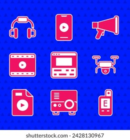 Set Video recorder on laptop, Media projector, Light meter, Drone flying, AVI file document, Play, Megaphone and Headphones icon. Vector