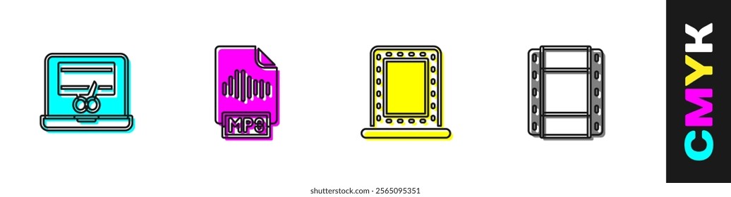 Set Video recorder on laptop, MP3 file document, Makeup mirror with lights and Play icon. Vector