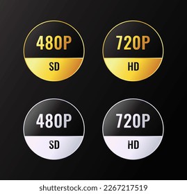 Set of video resolution badge labels in clean minimal style, gradient silver and gold color.