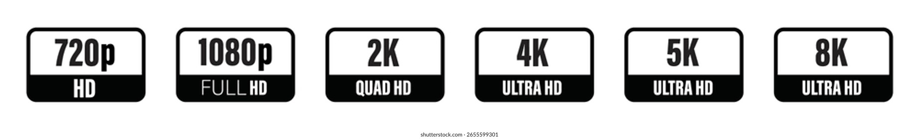 Video Conjunto de icono de resolución de pantalla. Resolución de pantalla 720 HD, 1080 FULL HD, 4k, 5k, 8k ULTRA HD, Ilustración vectorial