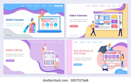 Set of video tutorials and online courses, library and methods for self study. Laptop screen with educational materials and explanation. Website or webpage template, landing page, vector in flat style