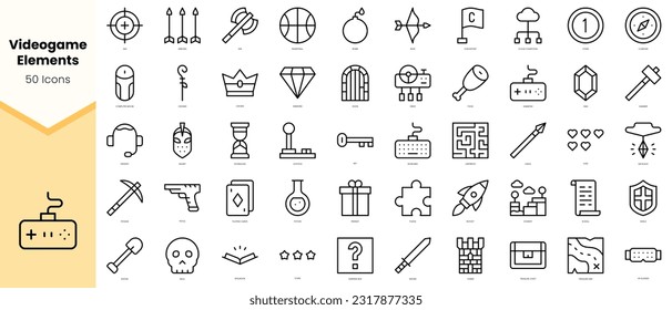 Set of videogame elements Icons. Simple line art style icons pack. Vector illustration