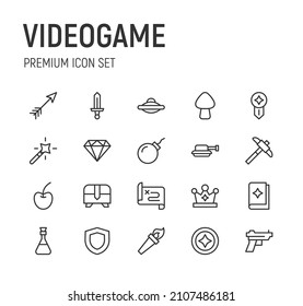 Set of videogame line icons. Premium pack of signs in trendy style. Pixel perfect objects for UI, apps and web. 