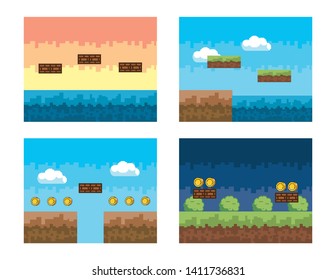 set of videogame scene with pixelated bushes and coins