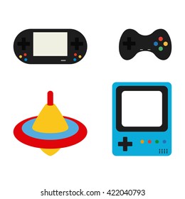 Set of videogames consoles, joysticks and a spin on a white background