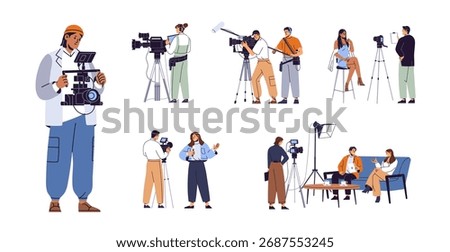 Set of videographers with cameras. Crew of video makers is shooting a movie or TV show. Journalists are making reportages, recording films. Flat isolated vector illustrations on white background